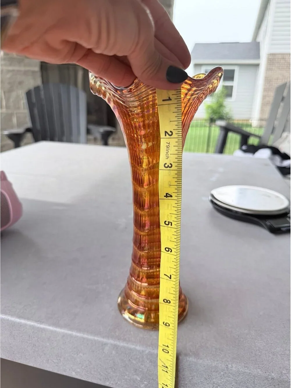 Vintage Marigold Carnival Glass Ribbed Ruffled Vase Iridescent Art Glass